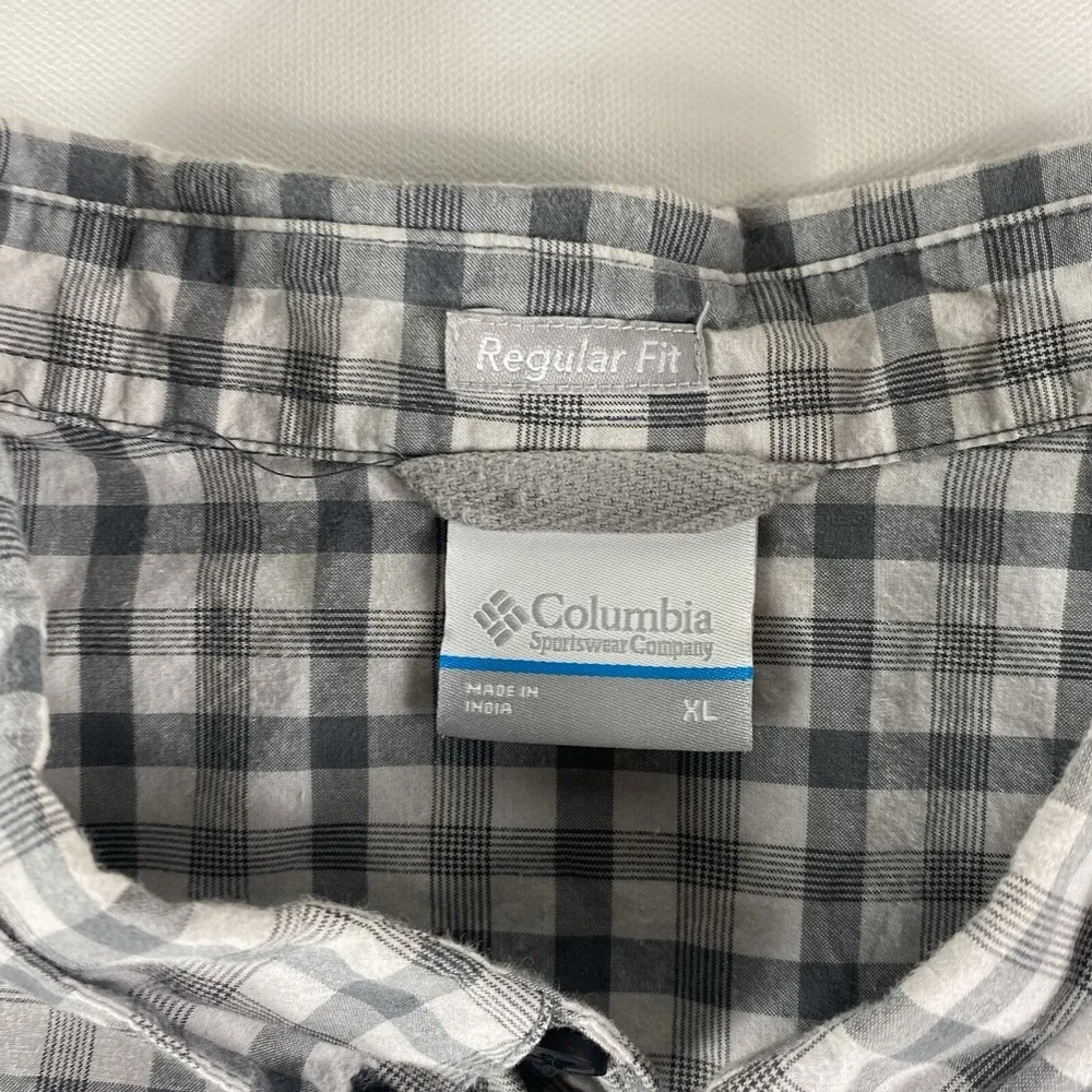 Columbia Button Down Shirt Mens XL Grey‎ White Check Cotton Stretch Short Sleeve